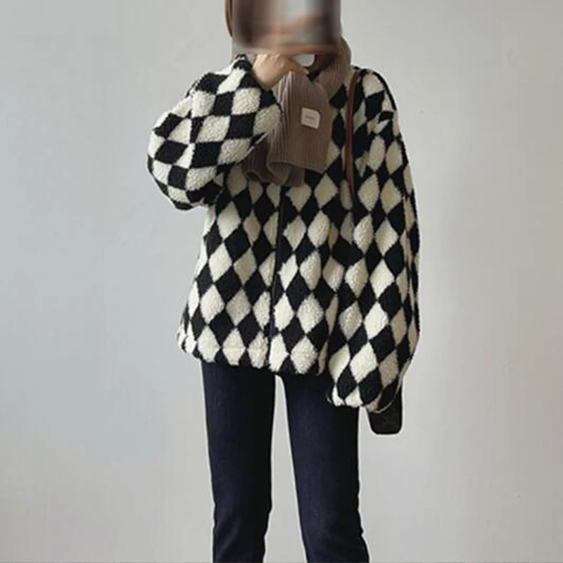 

Winter women's casual diamond plaid loose jacket