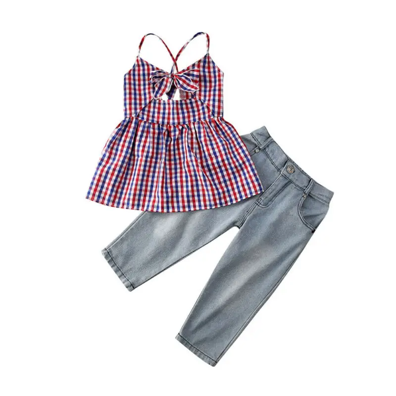 2-7Y Toddler Baby Girls Plaid Outfits Clothes Sets Print Sleeveless Tops Vest+Jeans Denim Pants 2PCS Set | Мать и ребенок