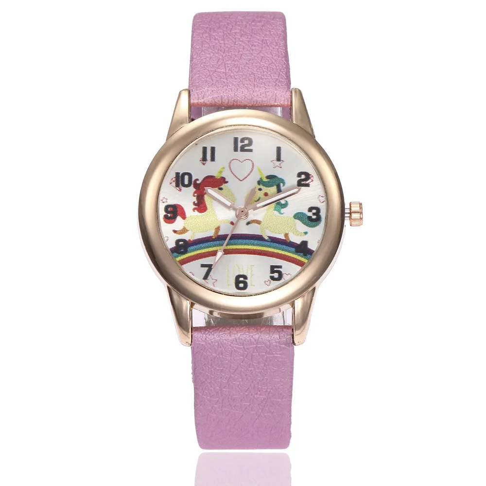 H857-Pink Детские модные часы с милым мультяшным единорогом, женские наручные часы с кожаным ремешком, классические цифровые часы для девочек и мальчиков, женские часы, Детские кварцевые часы - Цвет: H857-Pink