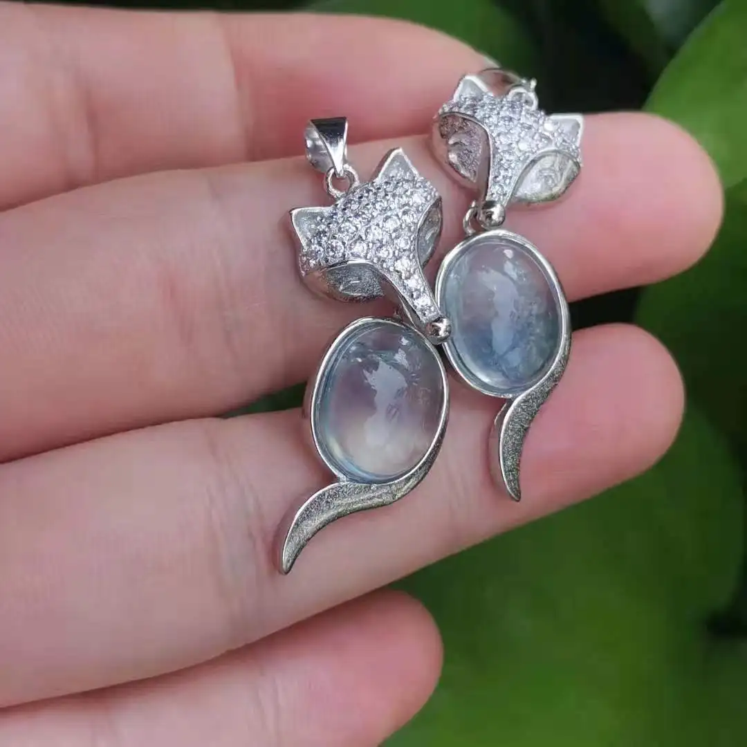 

1pcs/lot Aquamarine Fox Pendant all natural accessories gem jewelry animal S925 silver inlay bijou neacklace mulher joyeria diy
