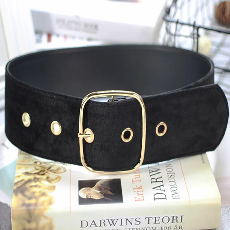 

Retro Velvet Women Wide Belt For Jeans Dress Fashion Square Buckle Belt Solid Color Simple Female Decoration Belt