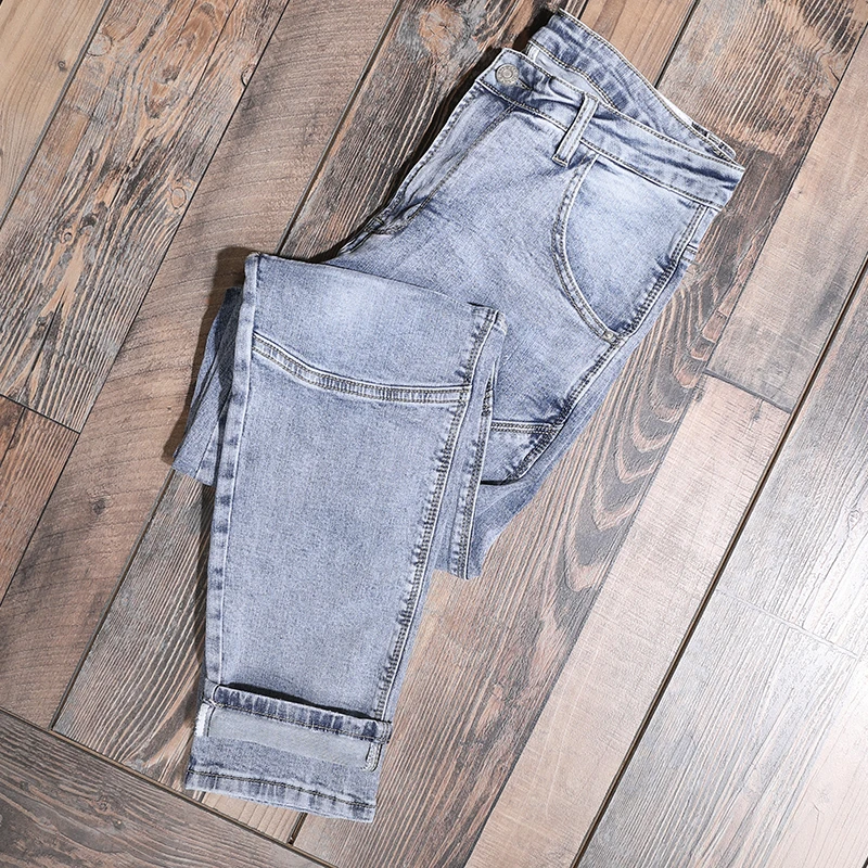 Fashion Men Light Blue Spliced Jeans Biker Mens Slim Fit Pants Cotton Denim Trousers