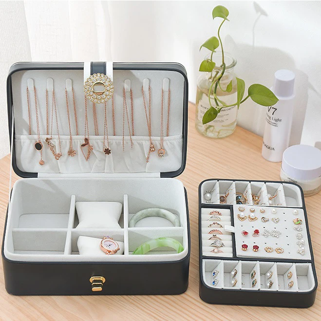 

Two Layer Jewelry Organizer Box with 56 Stud Jacks Smooth Leather Jewelry Storage Case Display Holder with Lock