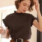 Рубашка женская с цветочной вышивкой, элегантная хлопковая блузка с оборками и короткими рукавами-фонариками, винтажная Повседневная шикарная сорочка в стиле ретро, на лето