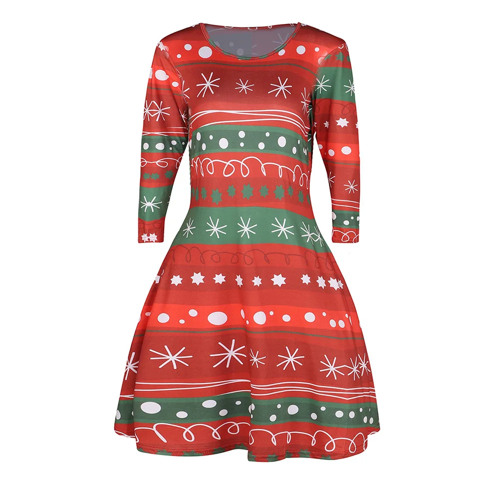 

Womens Christmas Dresses Fashion Snowflake Print Long Sleeve Round Neck Bodycon Dress Autumn Winter Female Xmas Party Dresses