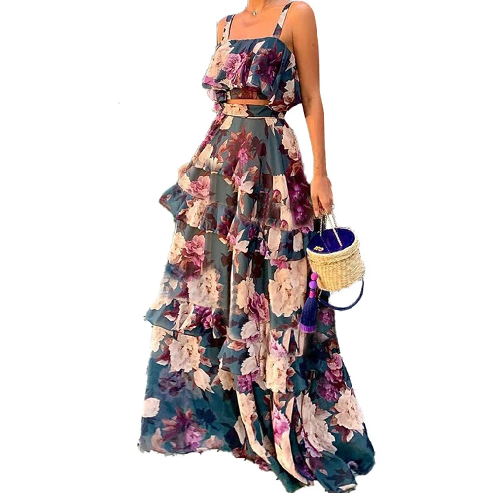 

Women Summer Boho Beach Two Piece Set Sexy Dress Set Crop Top+Maxi Long Skirt Floral Printed Ruffles High Waist Casual Two Piece
