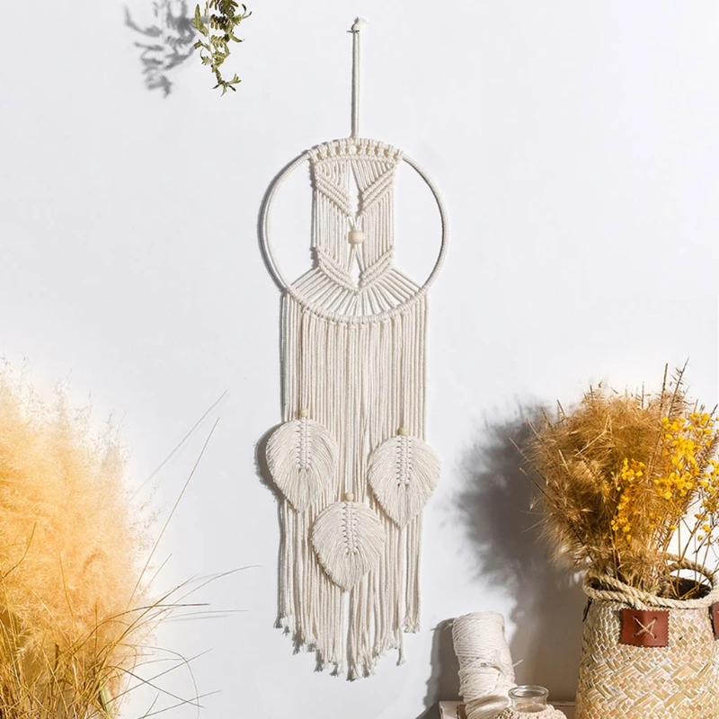 Atrapasue&ntilde;os colgante de pared de macram&eacute; de estilo n&oacute;rdico, tapiz de hojas de borlas tejido bohemio hecho a mano para decoraci&oacute;n de habitaci&oacute;n de ni&ntilde;os y boda-1