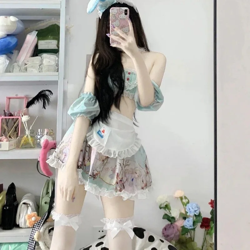 

Женское нижнее белье, костюм горничной в виде кролика, сексуальная юбка в стиле "Лолита" для интима, женский кружевной прозрачный костюм шко...