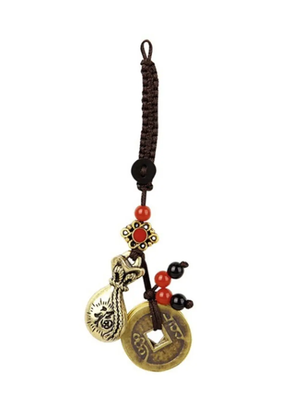 

Alloy Money Bag Shape And Brass Five Emperor Coin Shape Pendant Key Chain Car Pendant With Hand Braided Rope