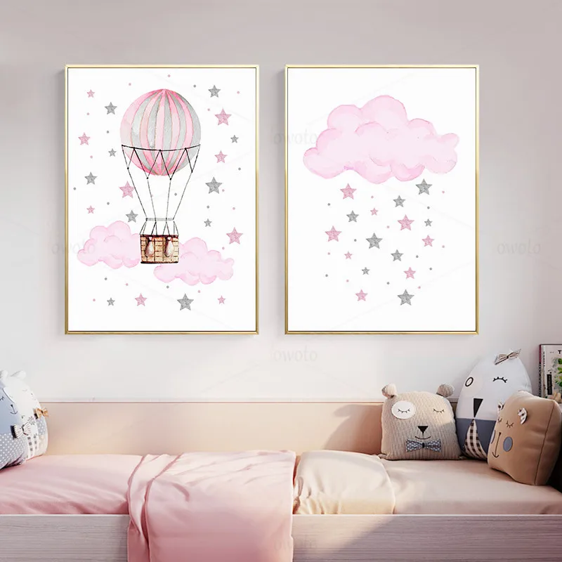 Розовые детские настенные картины со звездами слона на холсте в спальне