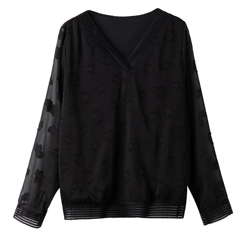 

Plus Size Women Black Long Sleeve Blouses New 2021 Spring Simple Style Vintage V-neck Loose Female Casual Tops Shirts S3410