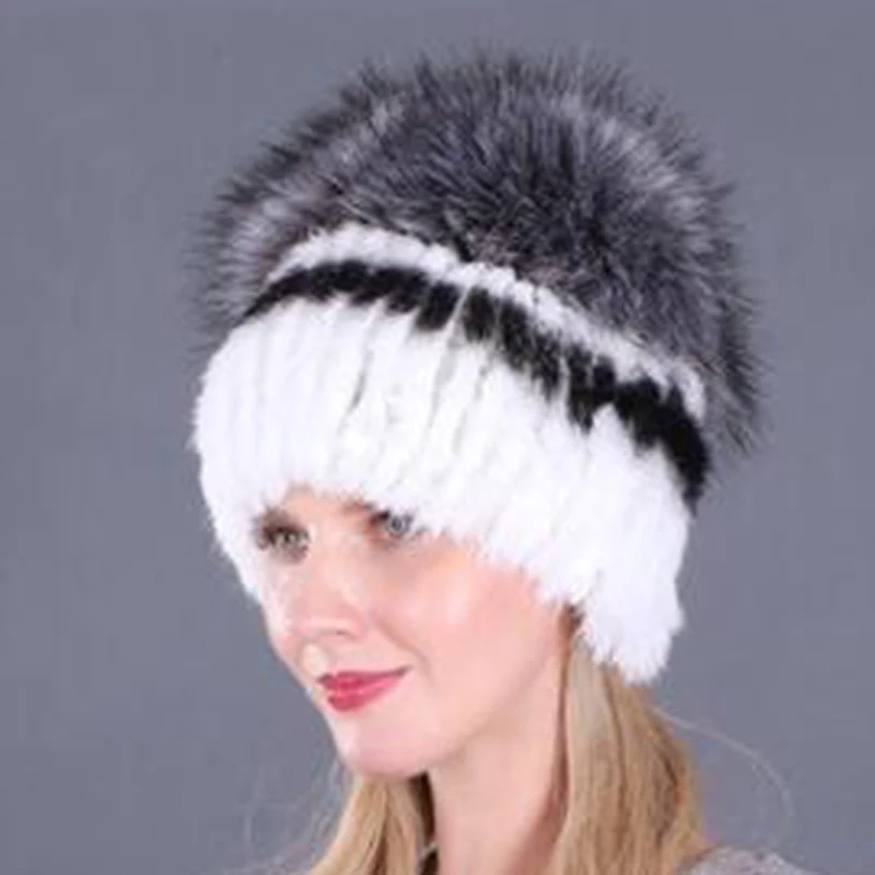 

Fashion Imitating Fox Hat Winter Warm Women Knitting Caps Mink Hats Vertical Weaving With Fox Fur On The Top