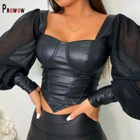 prowow sexy women corset top blouse chiffon sleeve pu leather night club shirts black pink square collar spring fall outfits