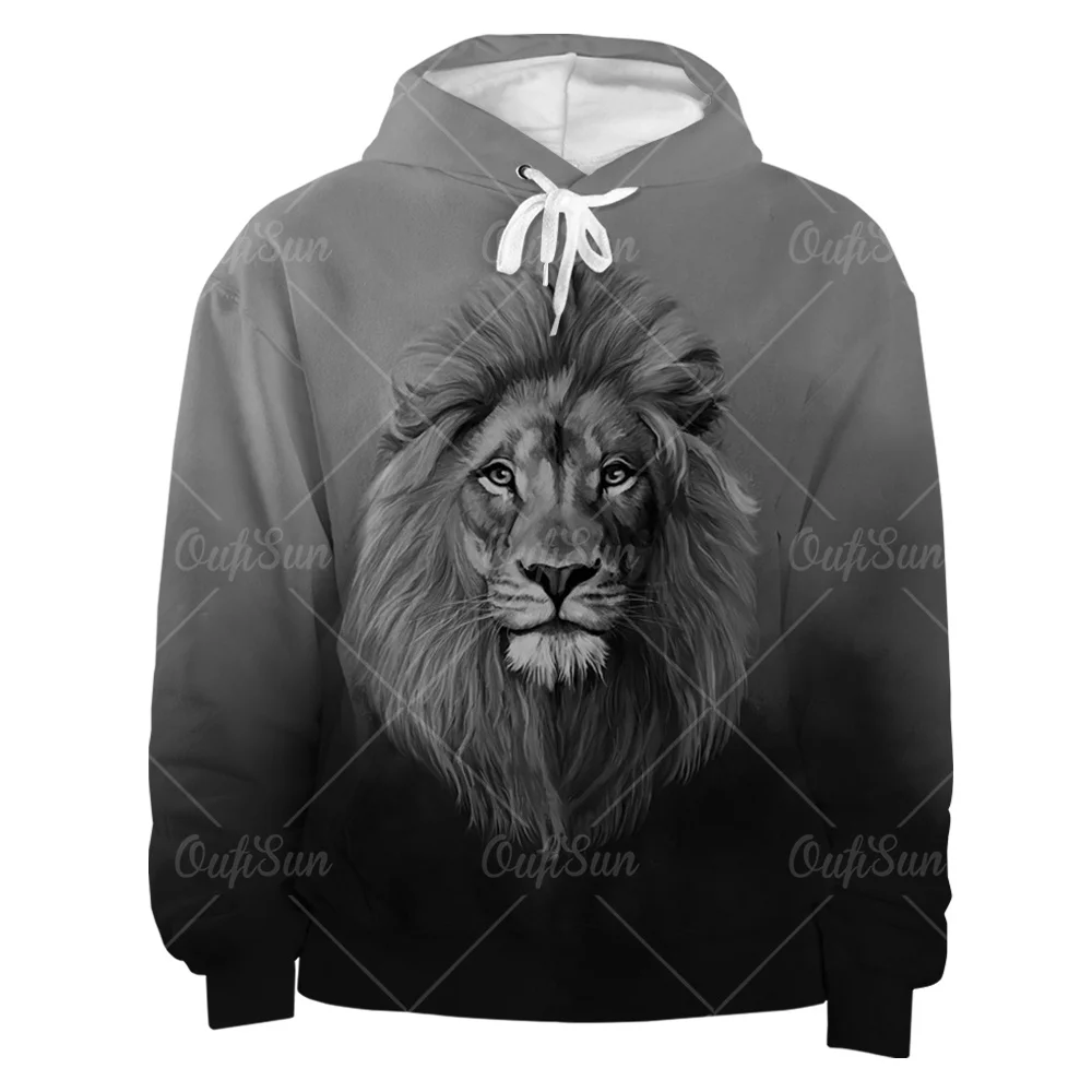 

Lion and tiger head logo rock hoodie male female cute animal print hip-hop casual unisex hooded sweatshirt