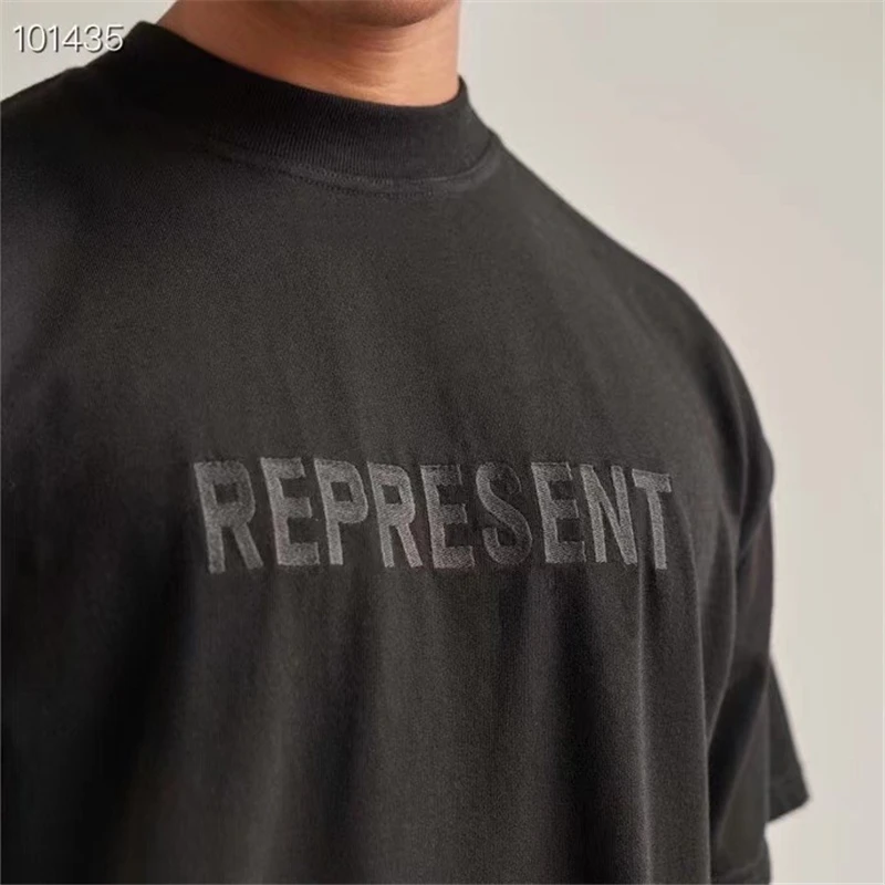 

Wash Grey Represent T-shirt Men Women 1:1 High Quality Vintage Embroidered Represent Logo T Shirt Oversize Crewneck Top Tees