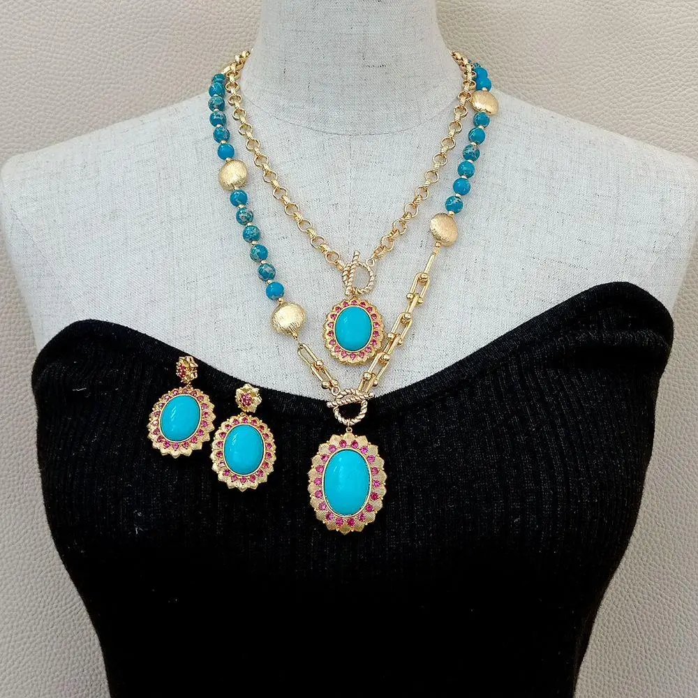 

Y·YING Blue Sea Sediment Jaspers Turquoises Pendant Chain statement Necklace Earrings Set 18" for women
