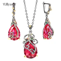 beautiful necklaceearrings 2pc set with big teadrop fuchsia red zircon jewelry sets colorful crystal pretty jewellery for women