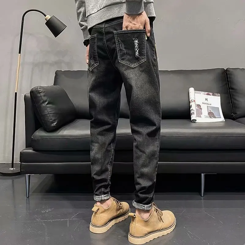 

Ripped denim jeans men's 2021 new Korean brand street student straight slim-fitting casual grey long teenagers pencil pants