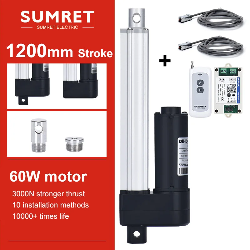 

0-1200mm Adjustable Stroke Electric Linear Actuator Kit Magnetic Switch Motor RF Remote Controller Bracket Set 3000N DC 12V 24V