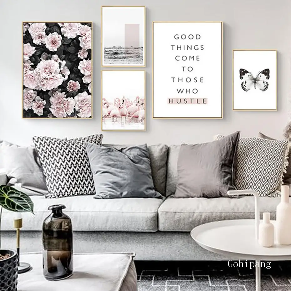 Картина на холсте с розовыми цветами фламинго в современном стиле настенные