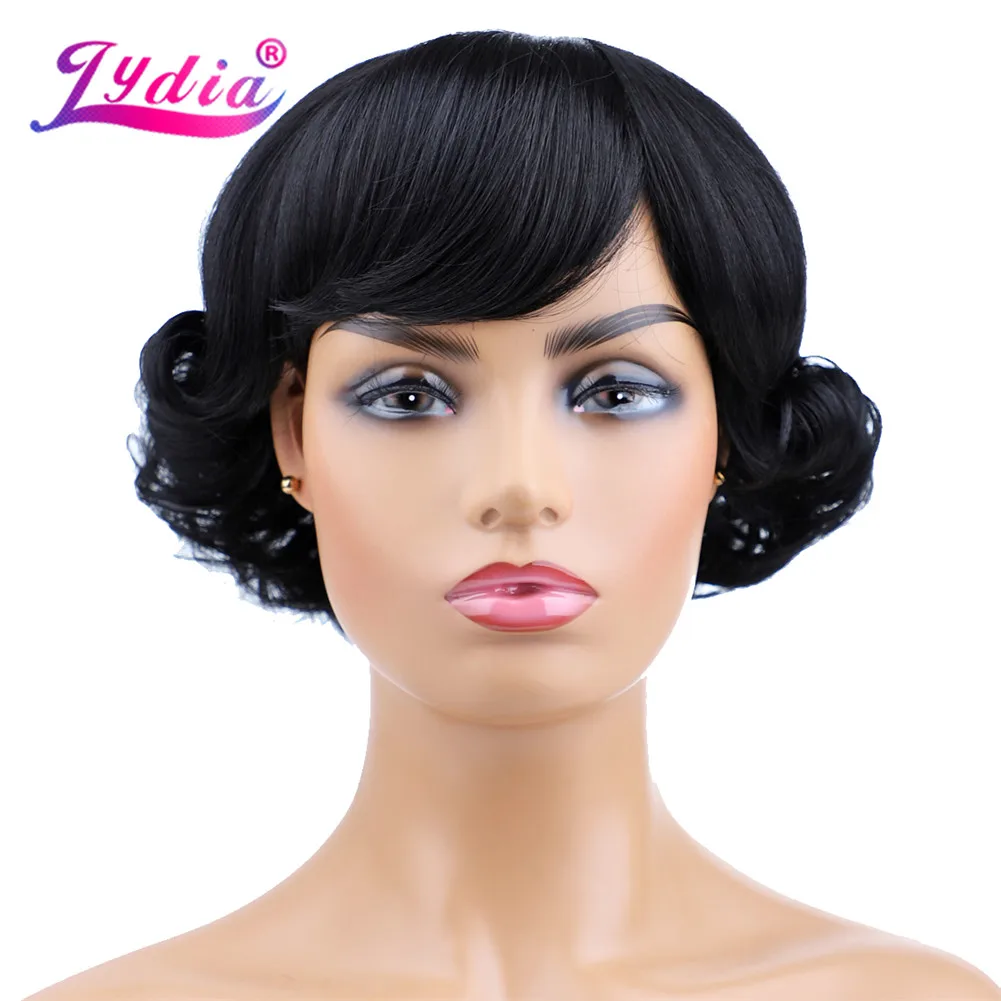 Lydia Synthetic Curly Natural Black Kanekalon Short Wig For African American Russian Women Heat Resistant Wigs Heat Resistant