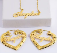 aurolaco custom name earrings personalize stainless steel heart bamboo earrings gold choker necklace set for women jewelry gifts