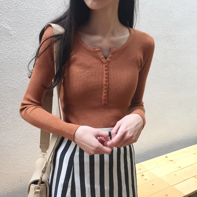 

V-neck Single Breasted Rib Knitted Pullover Women's Autumn Fashion Solid Slim Bottom Shirt Korean Streetwear Long Sleeve Sweater