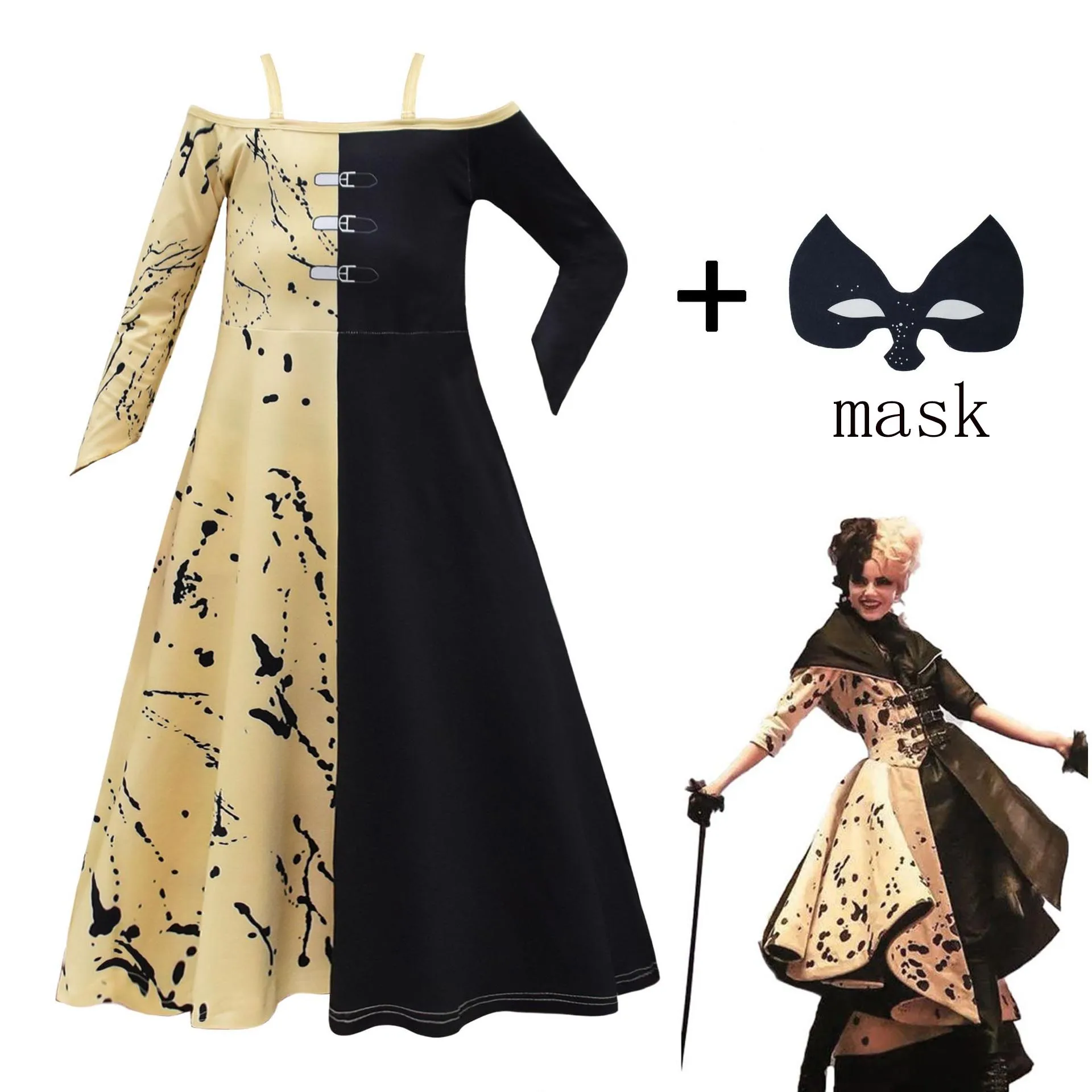 

Детские костюмы на Хэллоуин для девочек, косплей, платье принцессы Cruella, одежда для маскарада вечерние + маска, Детские наряды с длинным рука...