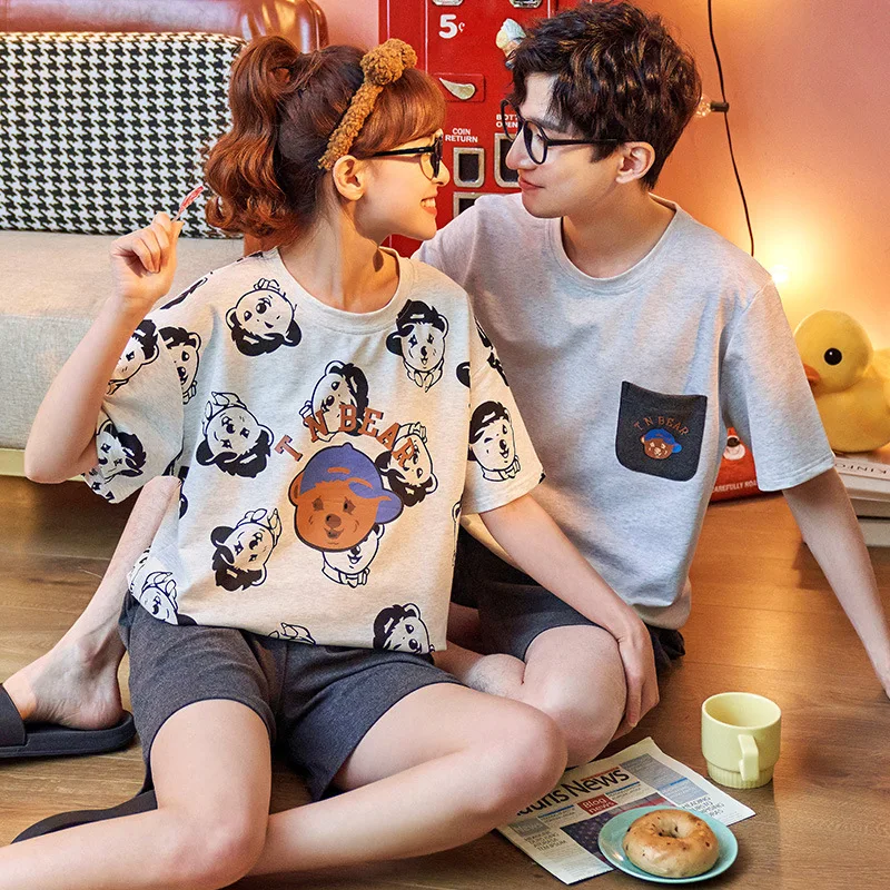 2021 Couple Pajamas Summer Short Sleeve Pure Cotton Nightwear Thin Size Loose Men's and Women's Suit Home Clothes Sleepwear