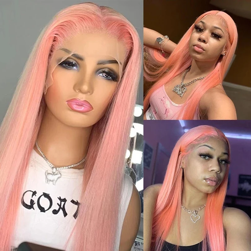 

26Inch light Pink Colored Lace Front Synthetic Wig Wigs For Black Women With Baby hair Heat temperature Cosplay Wig 150%Density