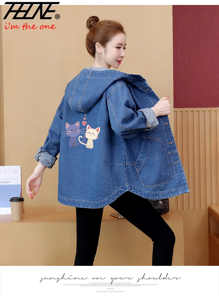 

THHONE Women Denim Jacket Jeans Hooded Coat Plus size Casual Loose Denim Jeans Jacket Coat Chaqueta Mujer Veste Femme Tops