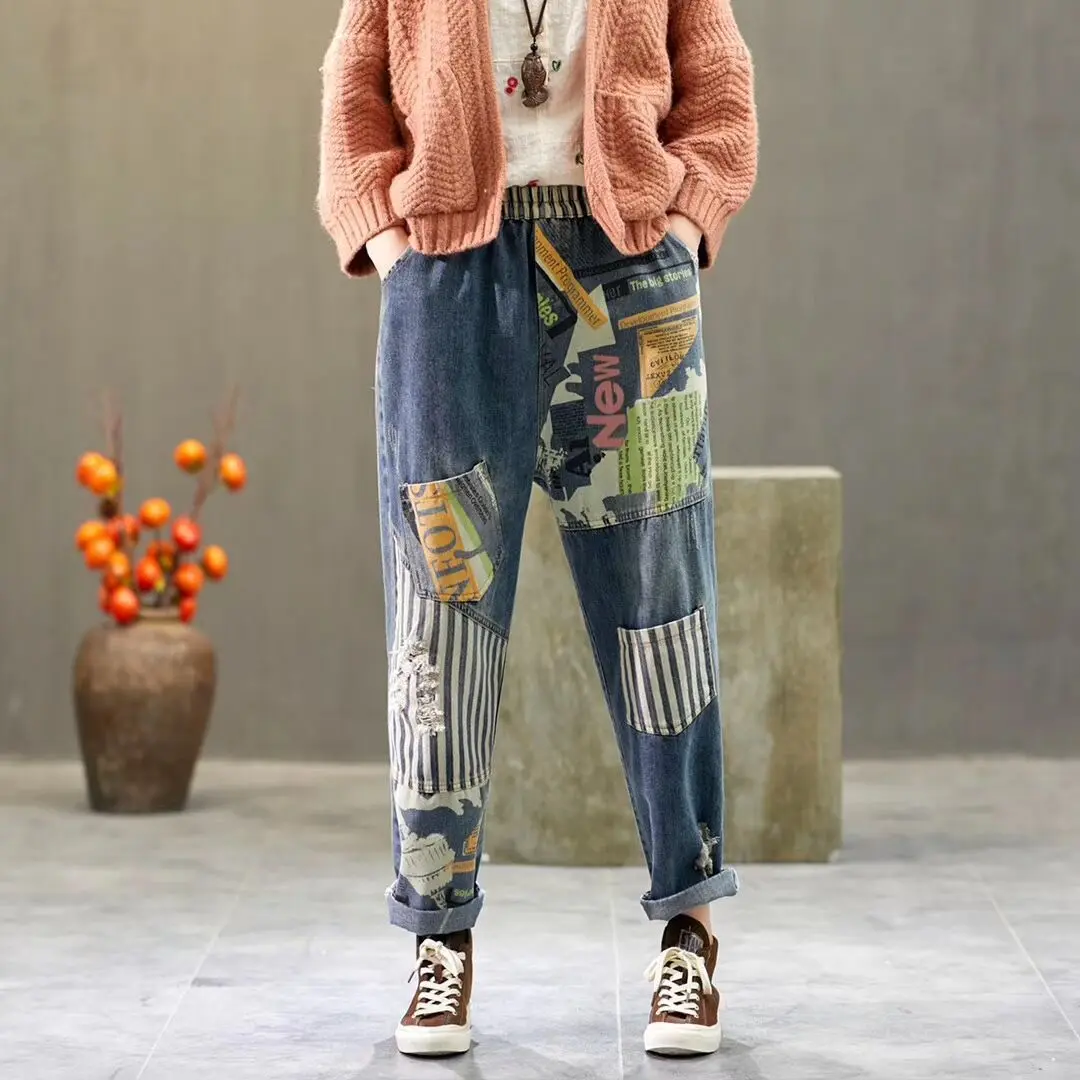 Женские лоскутные джинсы Runback весна 2020 Ретро стиль эластичная резинка на талии с