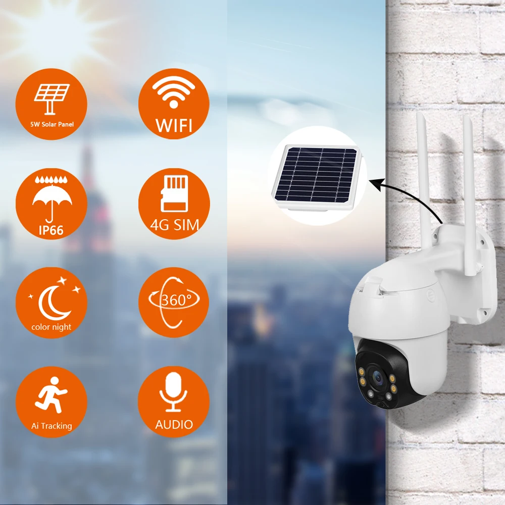 

Solar Panel IP Camera 4G SIM Card Vodacom WIFI 360 Two Way Audio IP66 Outdoor Night Vision Endoscope