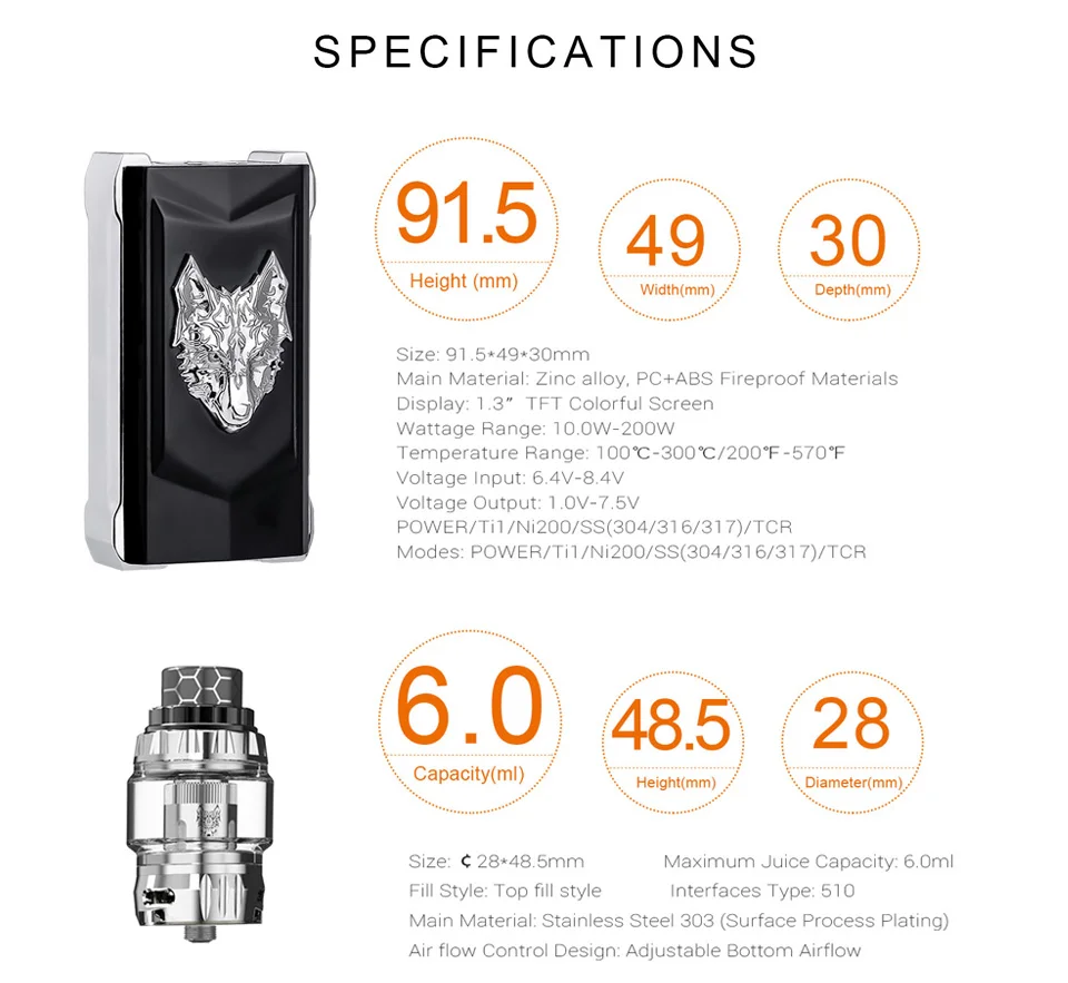 Оригинальный SnowWolf MFENG 200 Вт Box Mod электронной сигареты 6 мл Танк WF 0.2ohm/0.16ohm катушки с