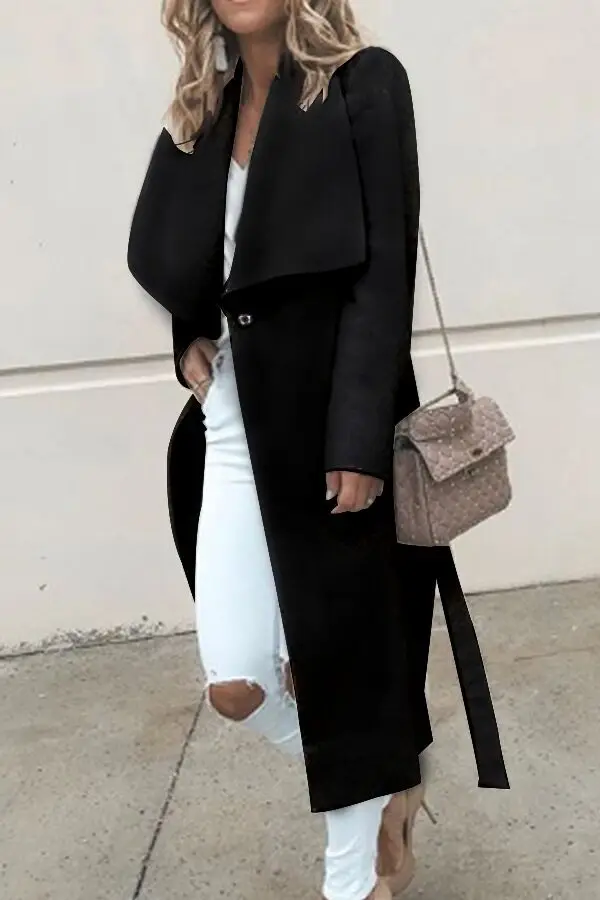 Женское длинное пальто с отложным воротником на осень и зиму белое серое черное