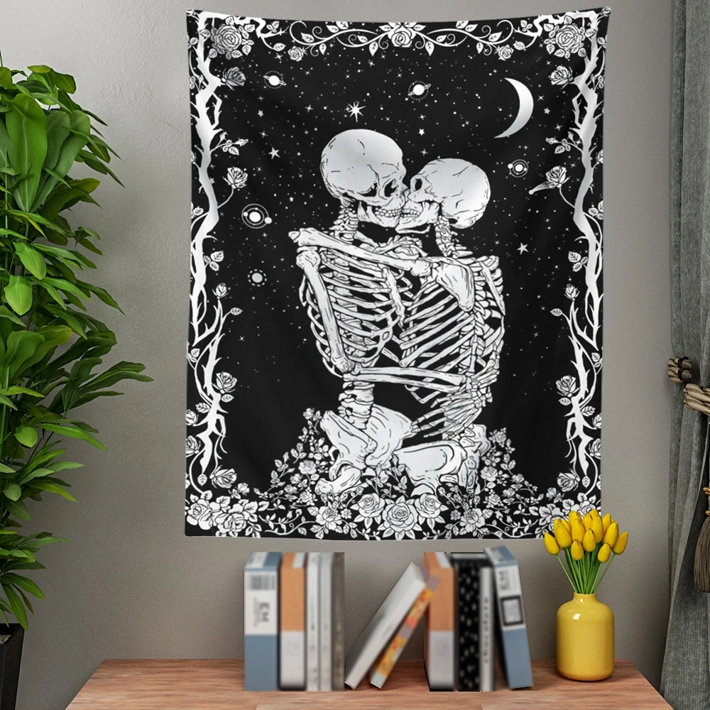 Kiss Skull Tapestry Wedding Moon Skeleton Starry sky Black and White Stars for Room | Дом и сад