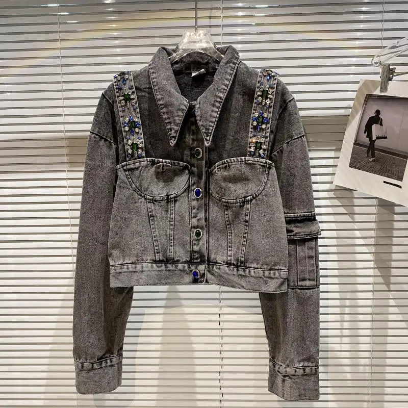 

2021 Autumn New Heavy Industry Color Rhinestone Strap Fake Two-Piece Wash Denim Jacket Coat Tide Winter Clothes Women