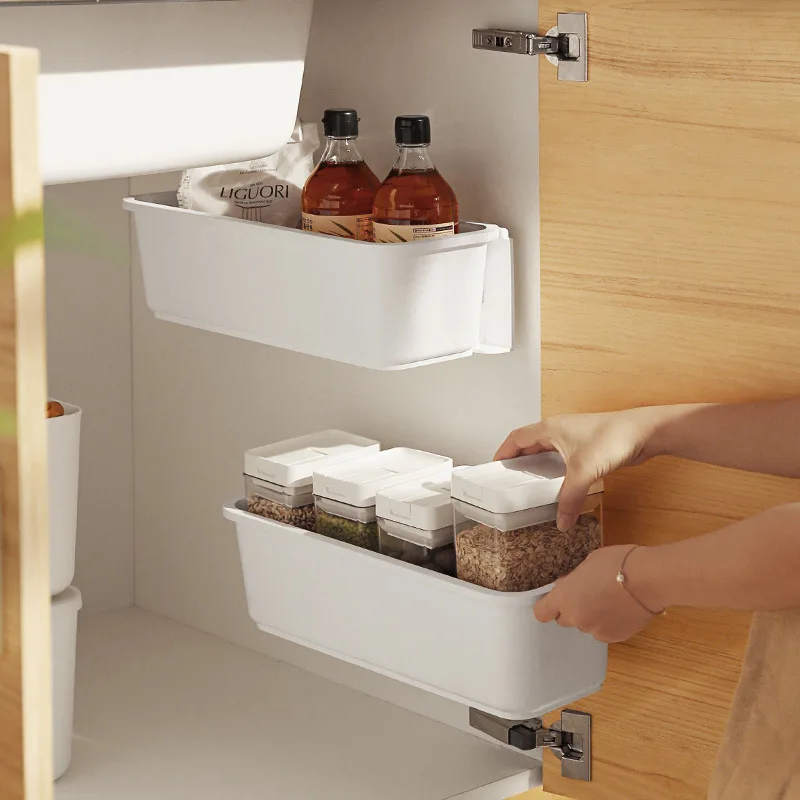 

Wall-Mounted Storage Drawer Shelf Rack Hanging Storage Basket Kitchen Organizer Rack Cabinet Push-Pull Basket for Seasoning