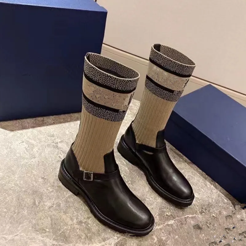 

2021 Autumn And Winter New Platform Women's Boots Black Round Toe Knitted Embroidered Elastic Mid Boots Ladies Femmes Bottes