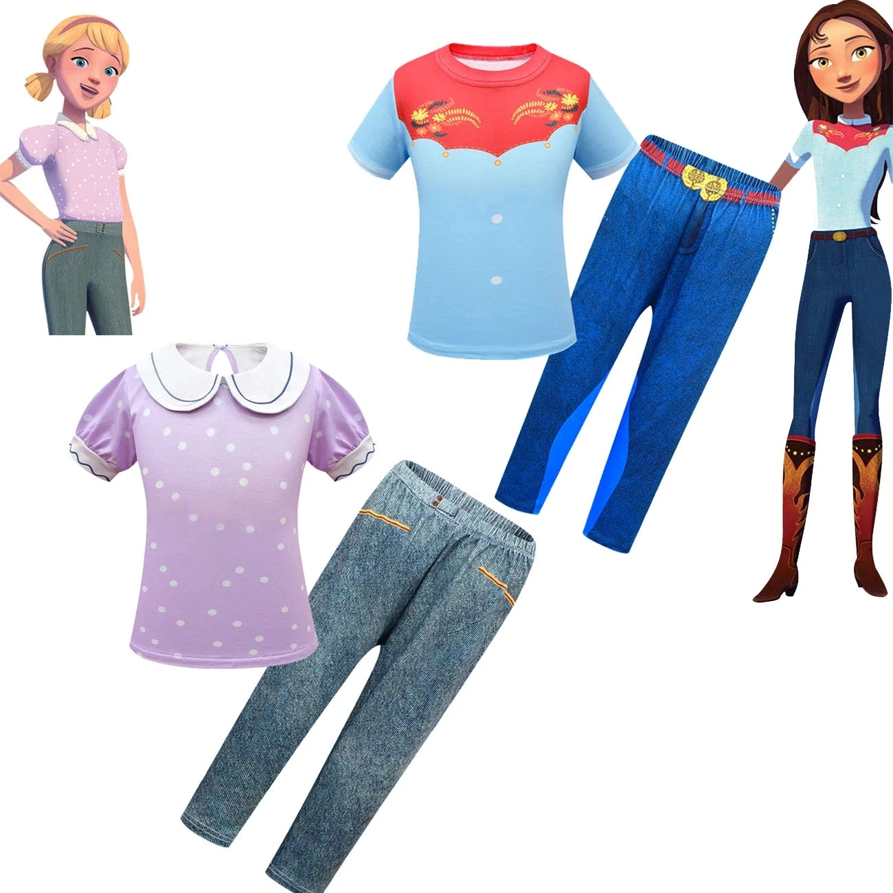 

Детский костюм для косплея, повседневный комплект одежды с пузырьковыми рукавами и мультяшным принтом «Пони», топ и брюки, для верховой езды, для девочек, на осень