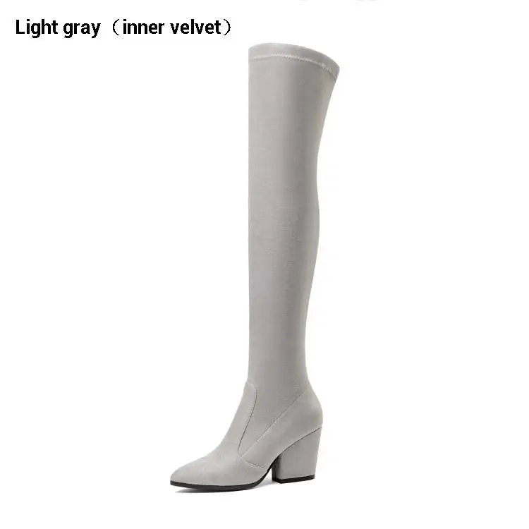 Light gray(velvet) CDAXILAN/Новое поступление, Сапоги выше колена женские сапоги до бедра из искусственной замши женские зимние сапоги на высоком каблуке 8 см - Цвет: Light gray(velvet)