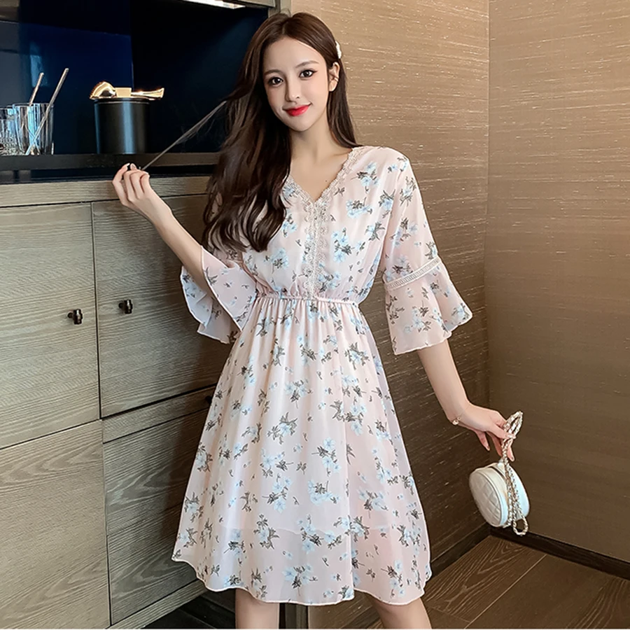 Винтажные размера плюс с принтом шифоновое пляжное платье миди платья 2021 летнее v