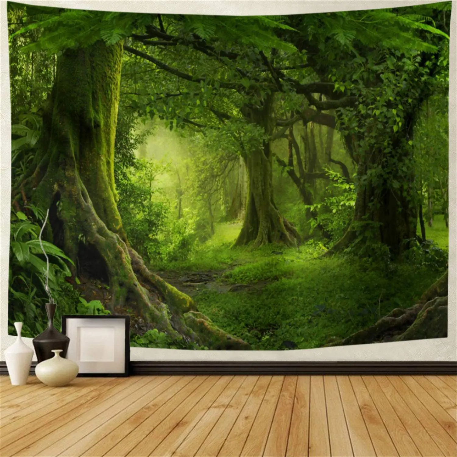 

Virgin Forest Tapestry Green Tree in Misty Forest Tapestry Wall Hanging Nature Scenery Background Decor For Living Room Bedroom