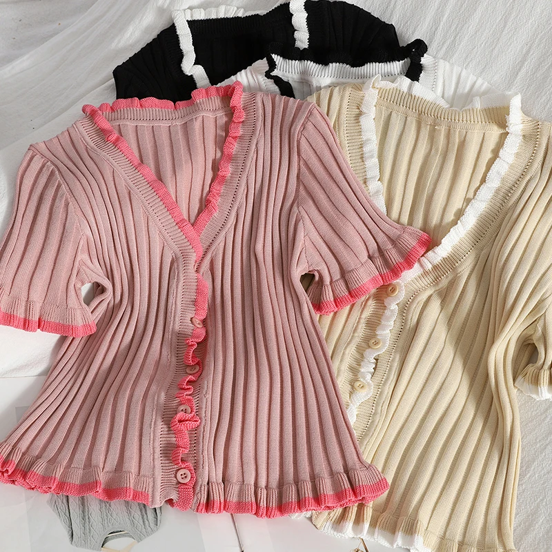 

Retro Knit Contrasting color Ruffles small cardigan top wild sweet slim knit sweater summer buttoned blouse women cardigans tops