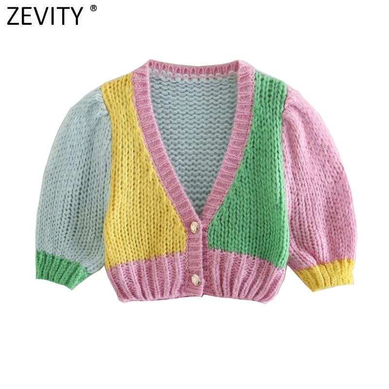 

Женский Короткий трикотажный свитер Zevity, милый Повседневный Кардиган с V-образным вырезом и пышными рукавами, Короткие топы SW861