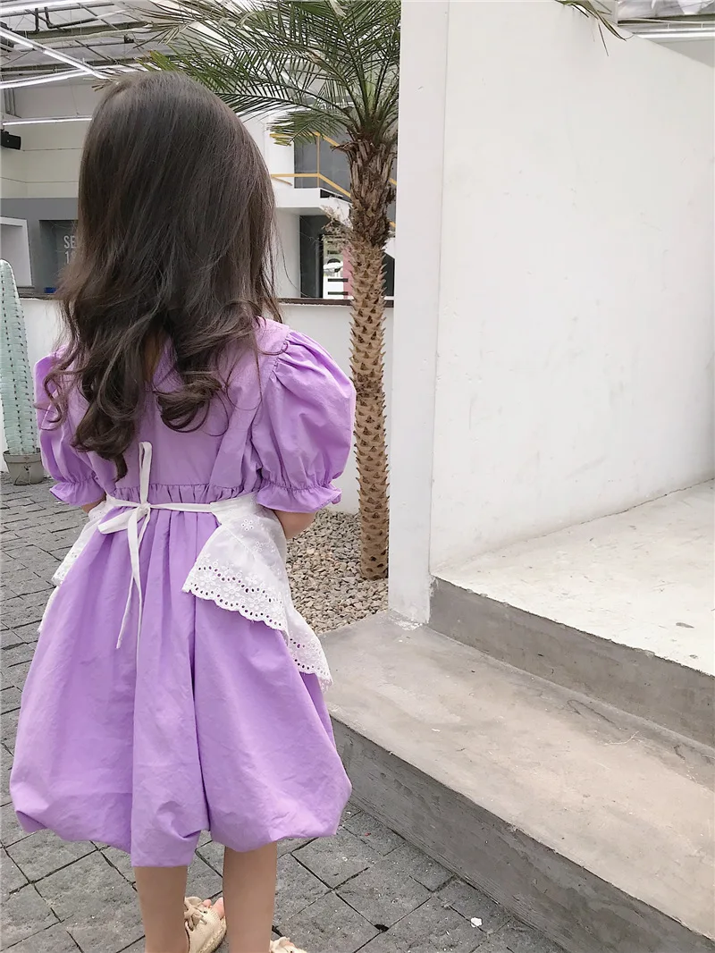 Korean Style New 2020 Summer Baby Girls Violet Princess Dresses Puff Sleeve Retro Lace Apron Maid Costumes Toddlers Kids Dress | Детская