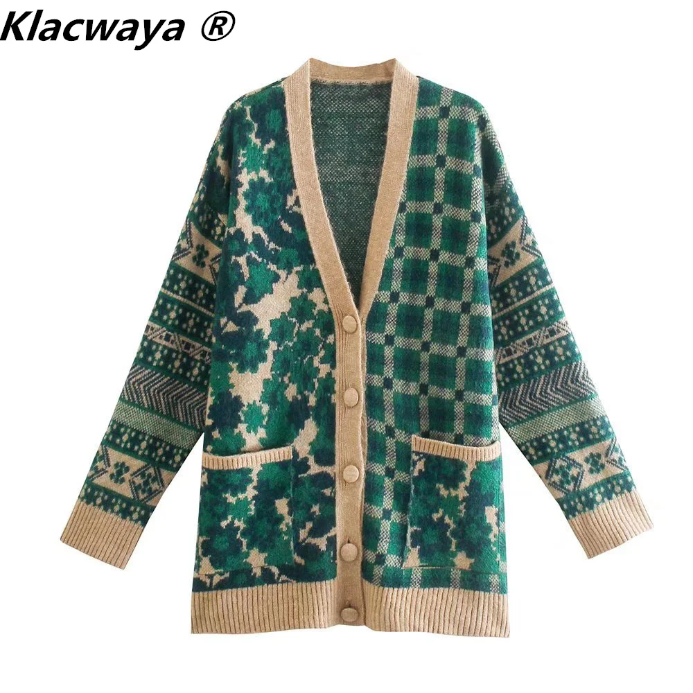 

Кардиган Klacwaya, женский свитер, жаккардовая вязаная винтажная одежда, Кардиган с длинным рукавом и пуговицами, осеннее пальто 2021, шикарный то...
