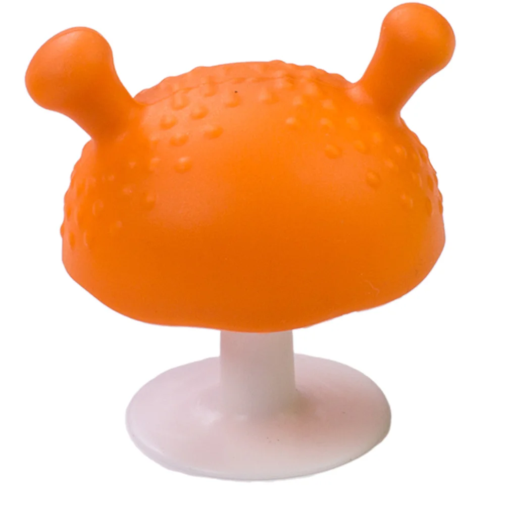 Mordedor calmante de silicona con forma de seta para ni&ntilde;os, chupar y tirar, color naranja y verde, 2 unidades-4