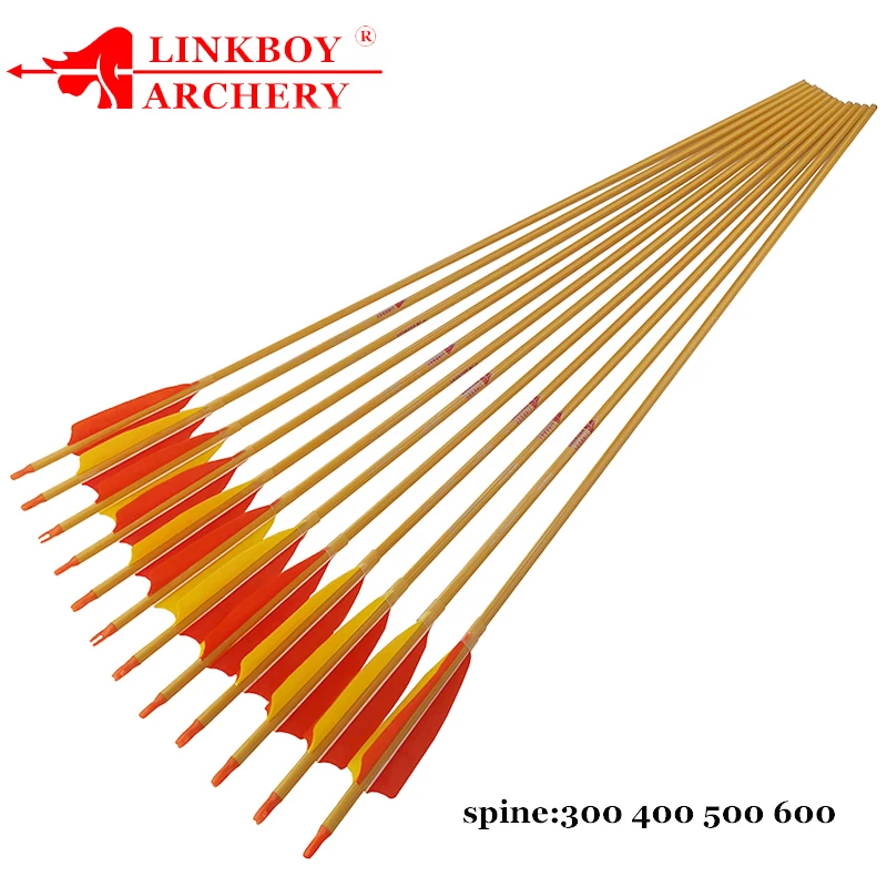 

12pcs Linkboy Archery Carbon Arrow Bamboo Skin Shafts Spine300 400 500 600 ID6.2mm 4'' Turkey Vane Traditional Bow Shooting