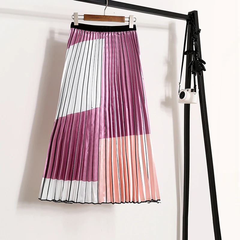 

Women Spring Summer Elegant Pleated Skirt Elastic High Waist Office Ladies Print A-Line Midi Skirts